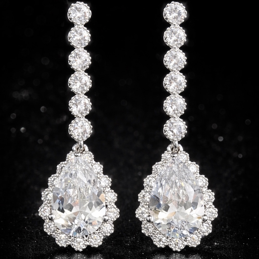 Micro Pave set Pear Cut Cz silver ladies jewelry Halo Long Drop Dangle Earrings